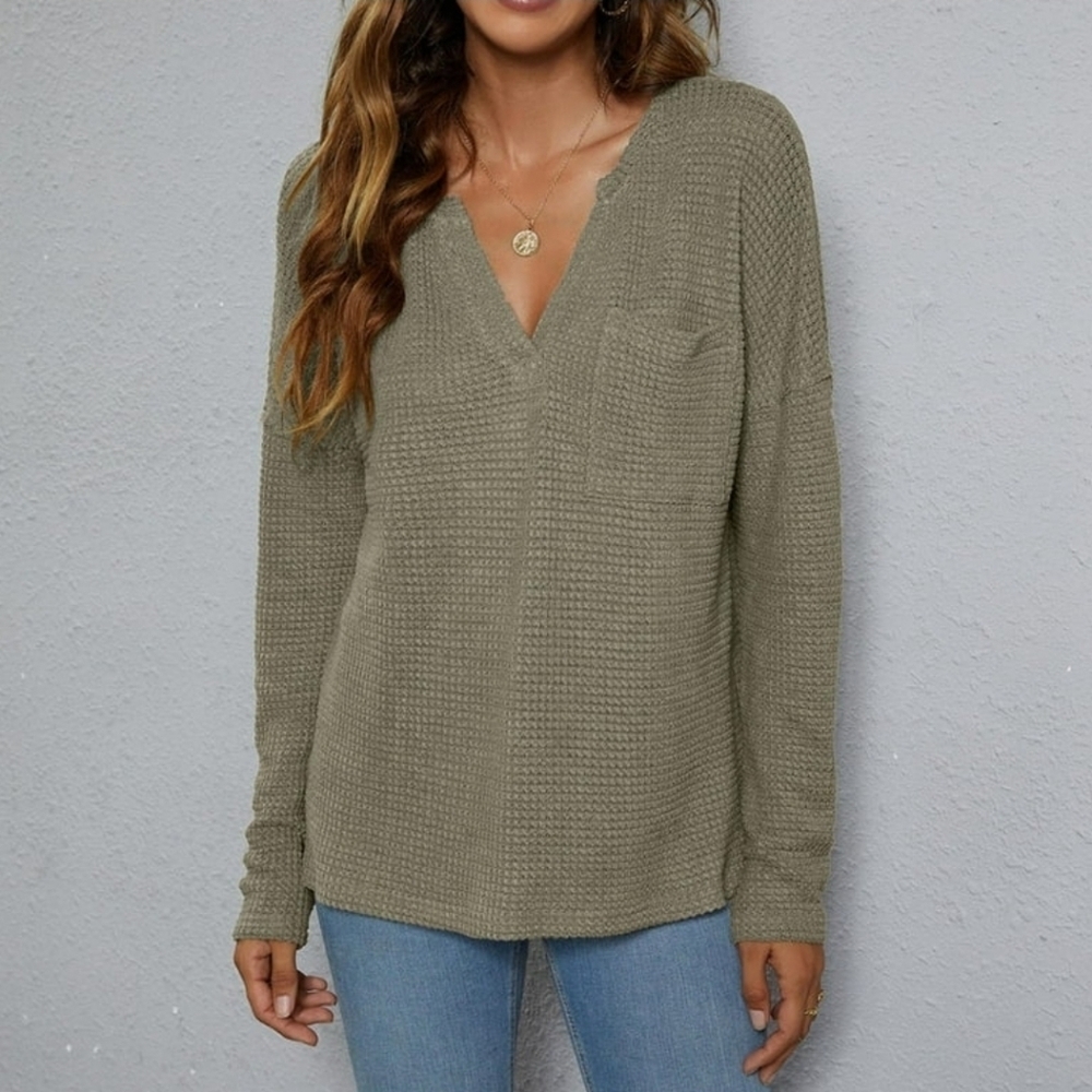 Waffleknit Oversized Shirt Sage Green Pocket Boho Casual Classic L
